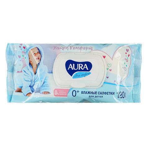 Wet wipes for children AURA ULTRA COMFORT with aloe extract and vitamin E, with lid, 120 pcs.