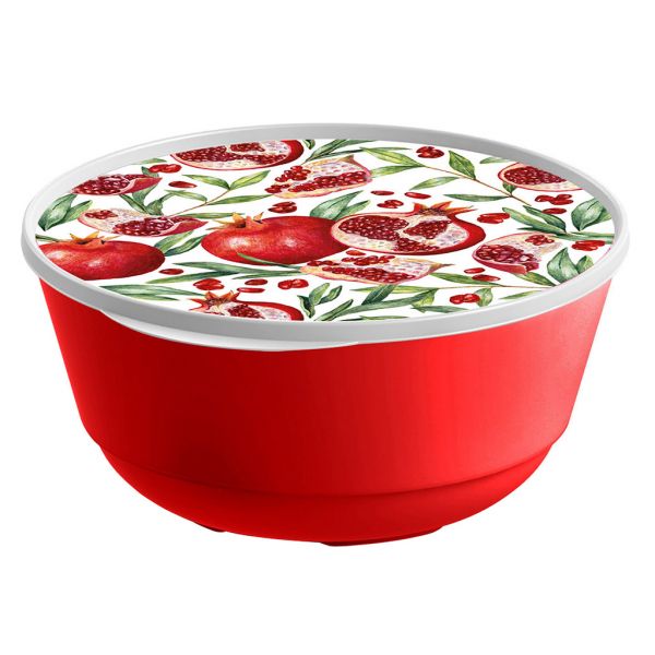 Plastic bowl "Bergamo" 2l, d21cm, h10cm, red, with lid, with decor, Idiland