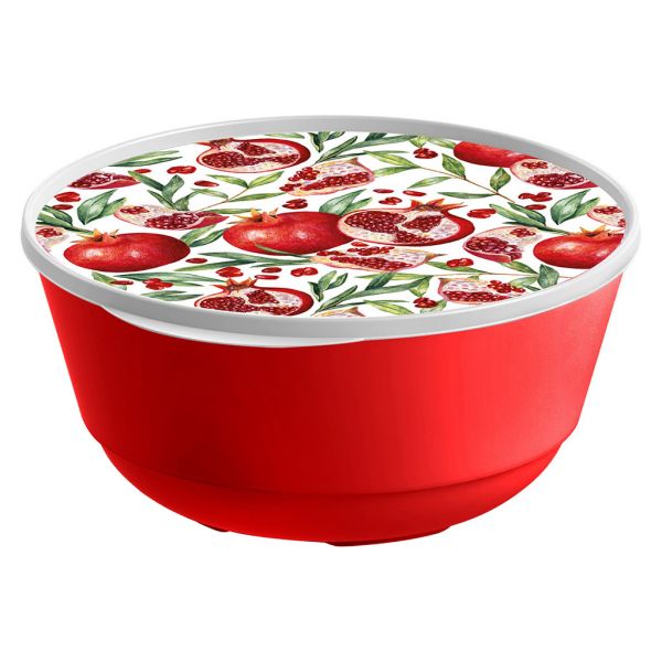 Plastic bowl "Bergamo" 3l, d23cm, h11.5cm, red, with lid, with decor, Idiland