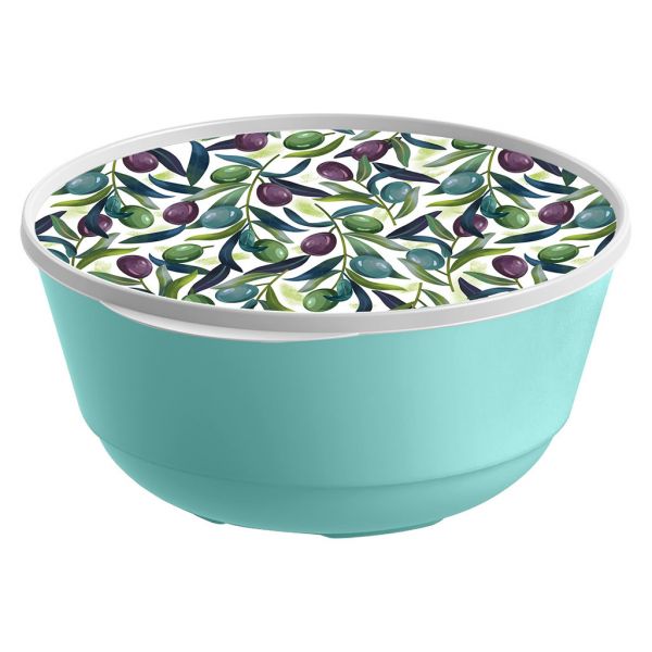 Plastic bowl "Bergamo" 3l, d23cm, h11.5cm, green, with lid, with decor