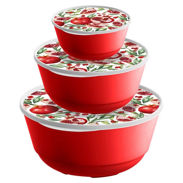 Plastic bowl "Bergamo", set of 3 pcs - 1l, 2l and 3l, red, with lids, with decor