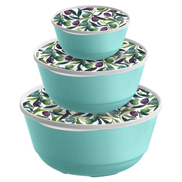 Plastic bowl "Bergamo", set of 3 pcs - 1l, 2l and 3l, green, with lids, with decor