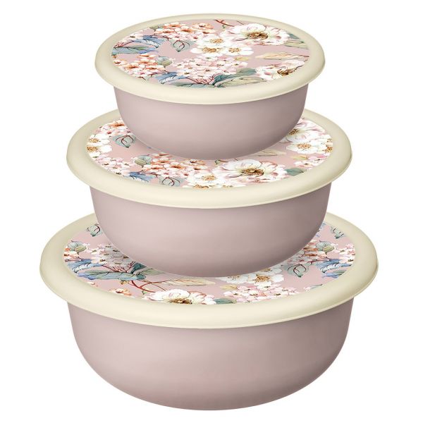 "Modena" Plastic bowl set 3 pcs: 1.2l - d18cm, h8cm, 2.1l - d22cm, h9cm, 3.2l - d26cm, h10cm, beige, with lid, with decor, Idiland