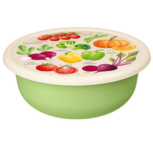 Plastic bowl "Asti" 3.2l, d26.5cm, h10.3cm, light green, with lid, with decor, Idiland