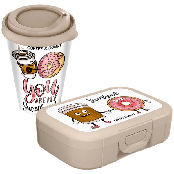 Plastic tableware set 2 items: lunch box 0.85l, glass 420ml, d8.8cm, h13.3cm, lid with spout, with IZI-GO decor, beige, Idiland