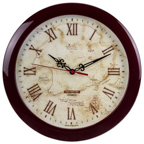 Wall clock TROYKATIME (TROYKA) 11131150, circle, beige with a "Map" pattern, brown frame, 29x29x3.5 cm